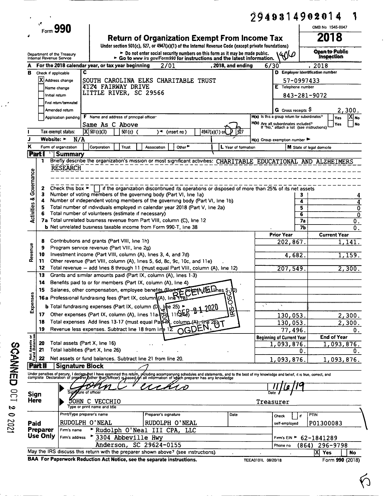 Image of first page of 2017 Form 990 for South Carolina Elks Charitable Trust