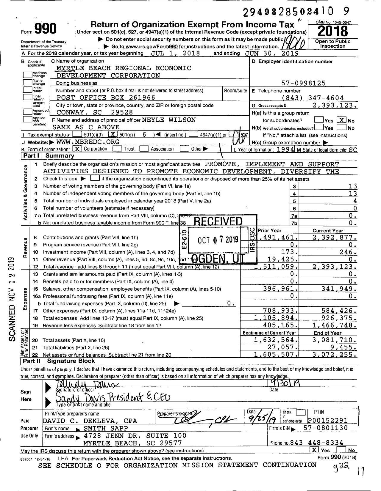 Image of first page of 2018 Form 990O for Myrtle Beach Regional Economic Development Corporation