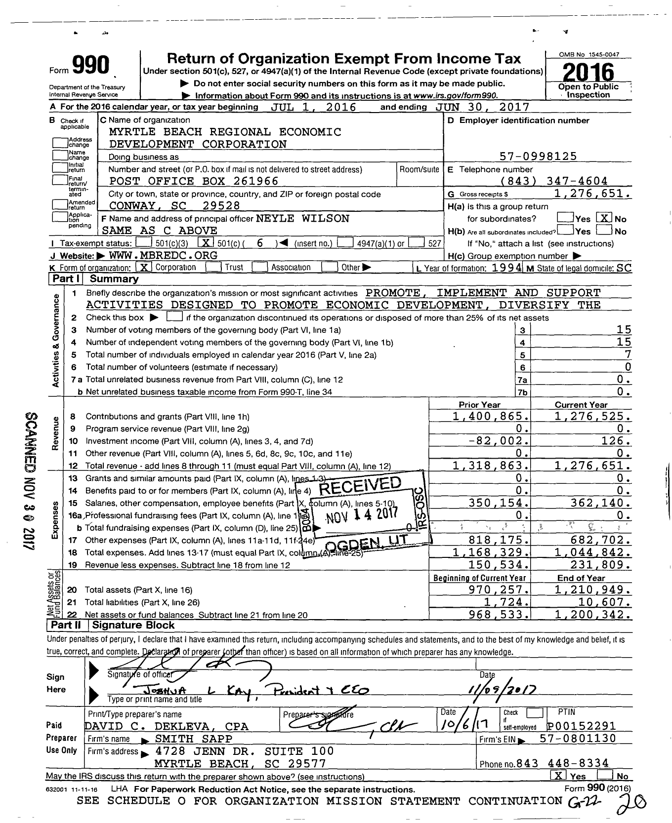 Image of first page of 2016 Form 990O for Myrtle Beach Regional Economic Development Corporation