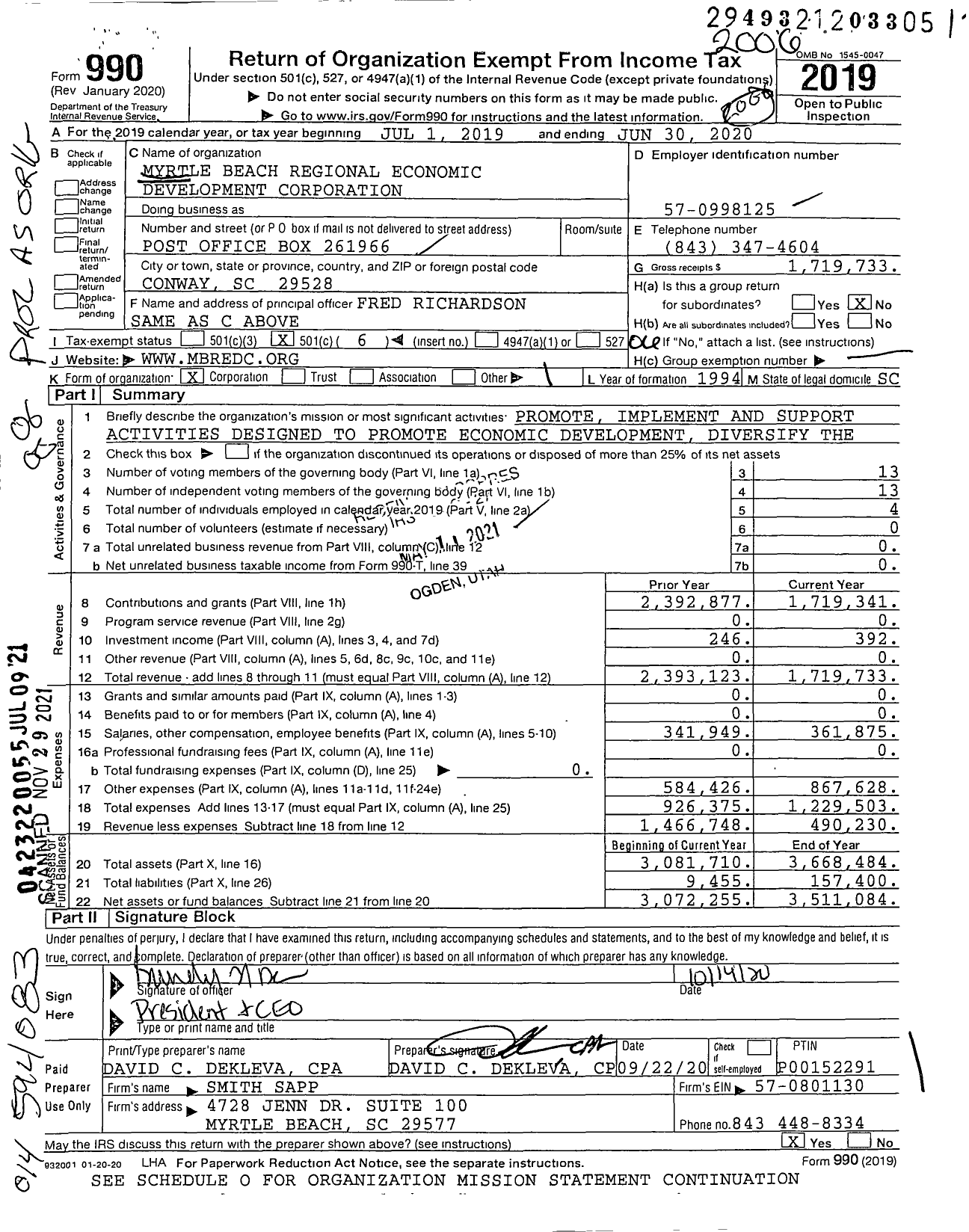 Image of first page of 2019 Form 990O for Myrtle Beach Regional Economic Development Corporation