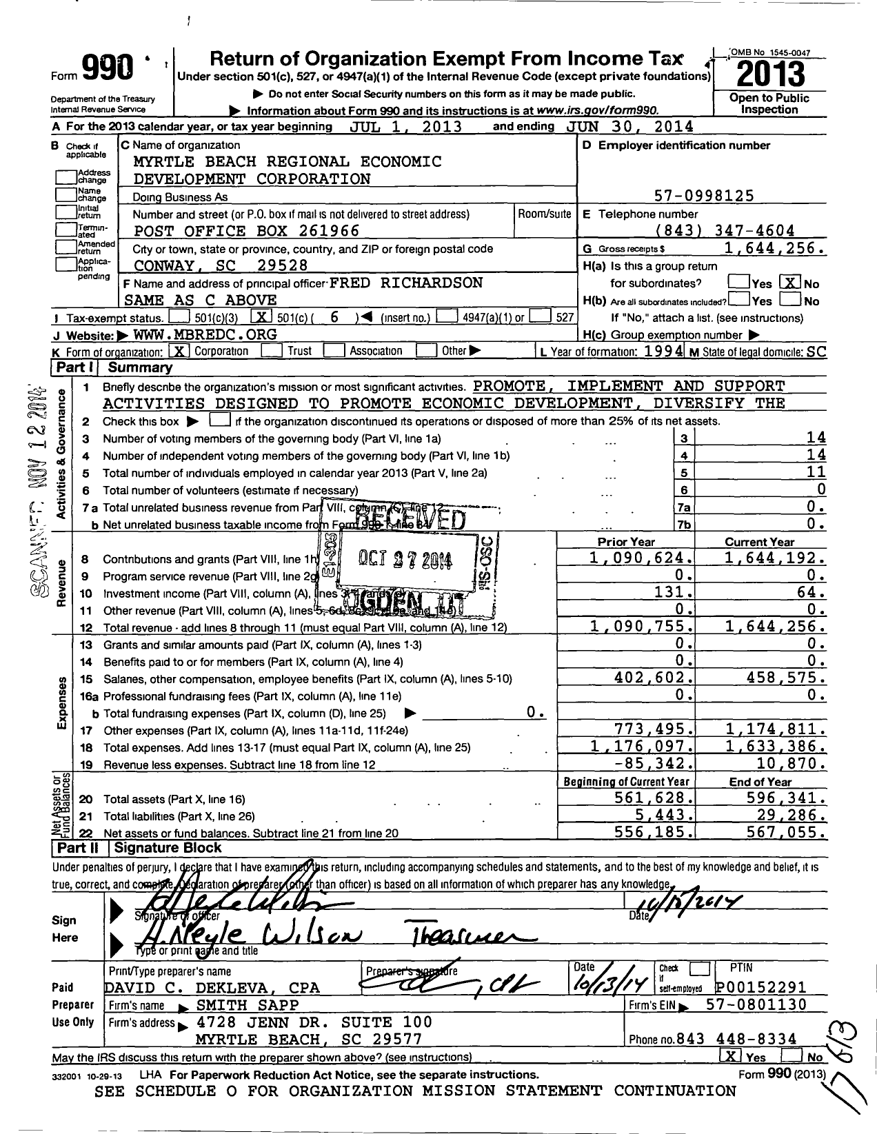 Image of first page of 2013 Form 990O for Myrtle Beach Regional Economic Development Corporation