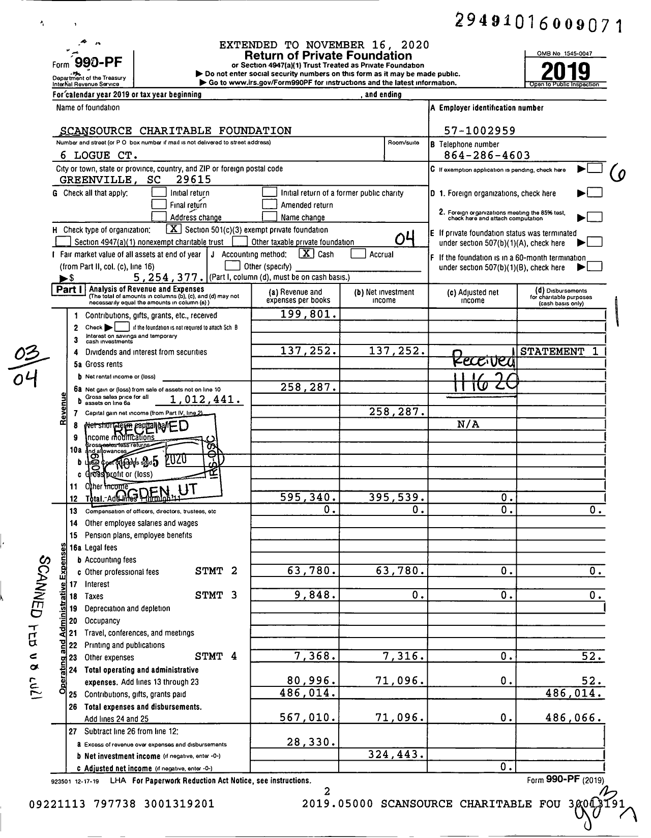 Image of first page of 2019 Form 990PF for Scansource Charitable Foundation