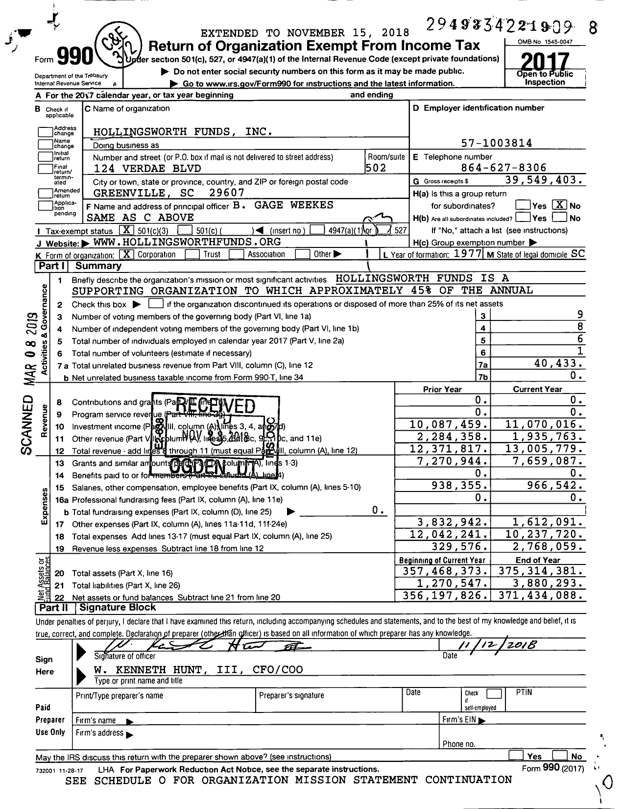 Image of first page of 2017 Form 990 for Hollingsworth Funds