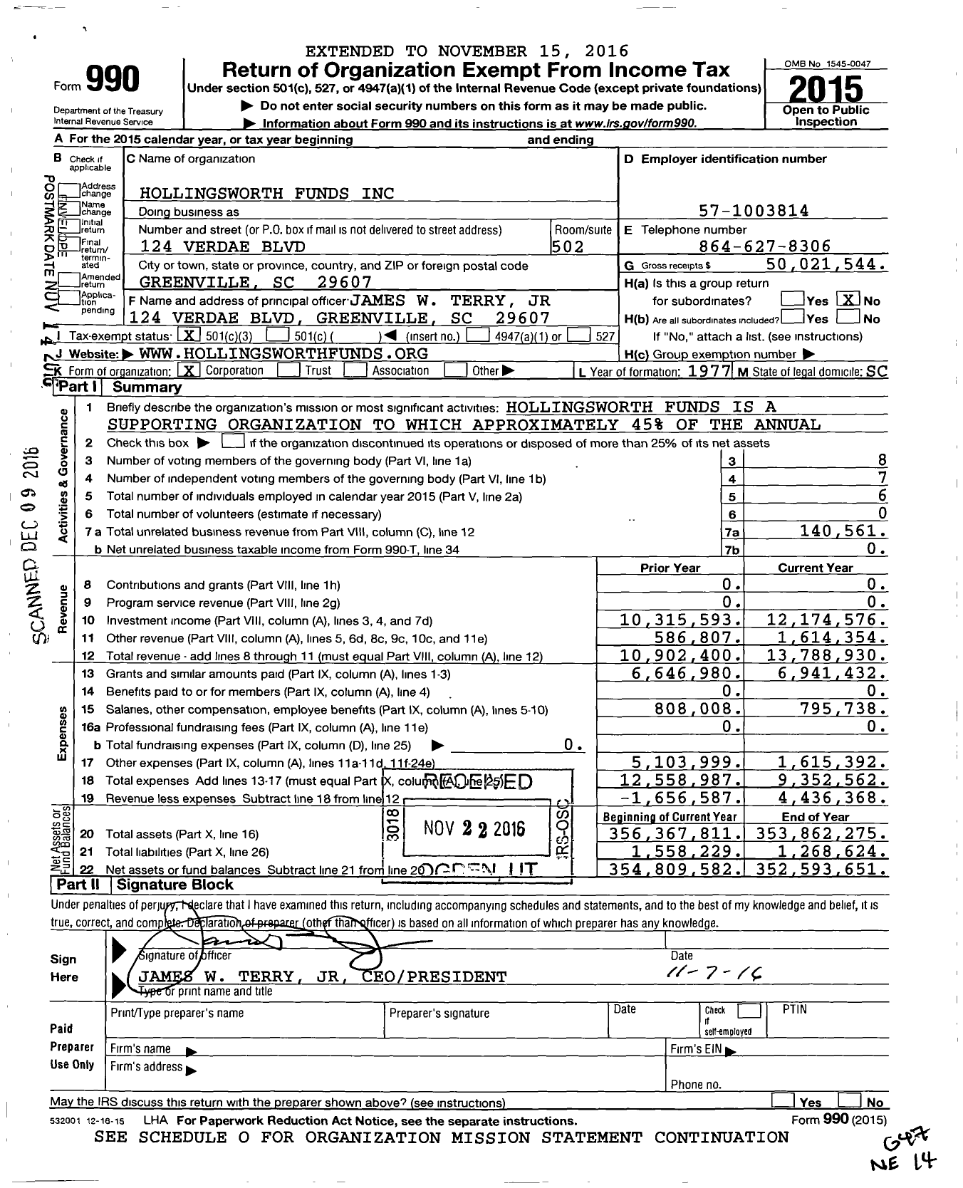 Image of first page of 2015 Form 990 for Hollingsworth Funds