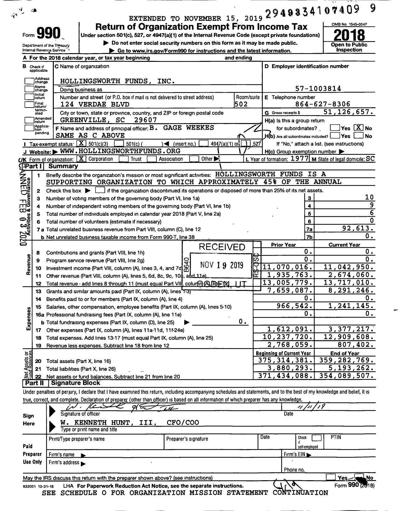 Image of first page of 2018 Form 990 for Hollingsworth Funds
