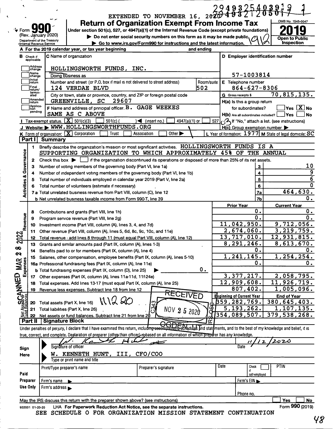 Image of first page of 2019 Form 990 for Hollingsworth Funds
