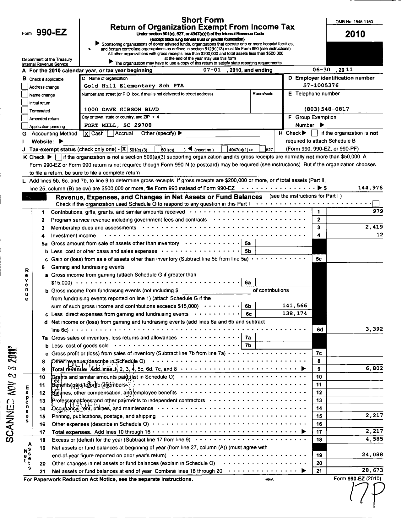 Image of first page of 2010 Form 990EZ for Gold Hill Elementary Sch PTA