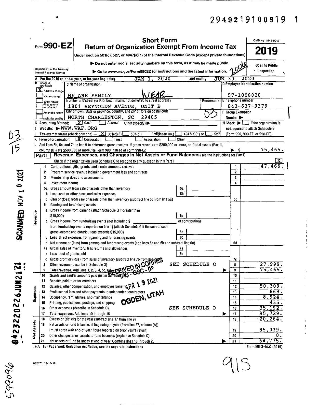 Image of first page of 2019 Form 990EZ for We Are Family