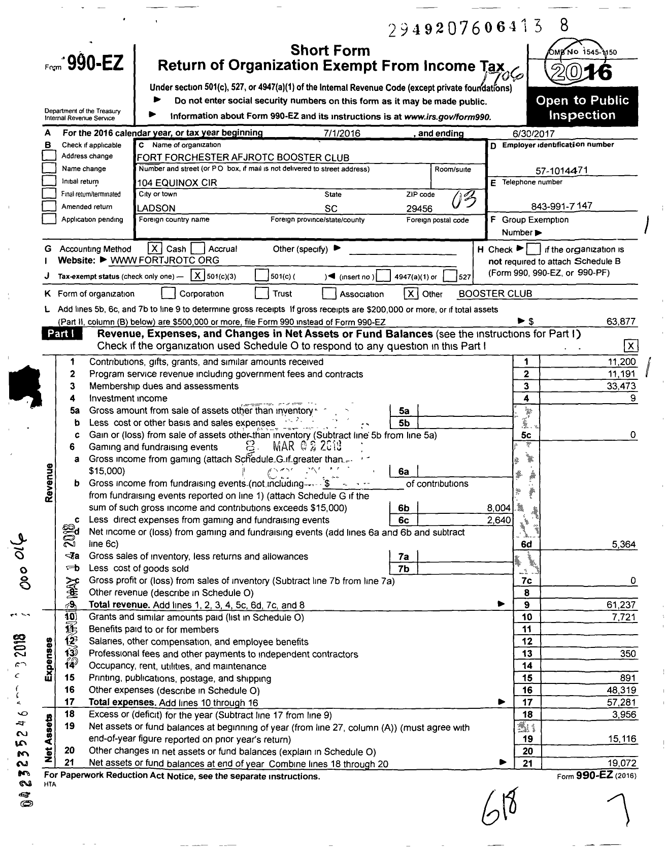 Image of first page of 2016 Form 990EZ for Fort Dorchester AFJROTC Booster Club