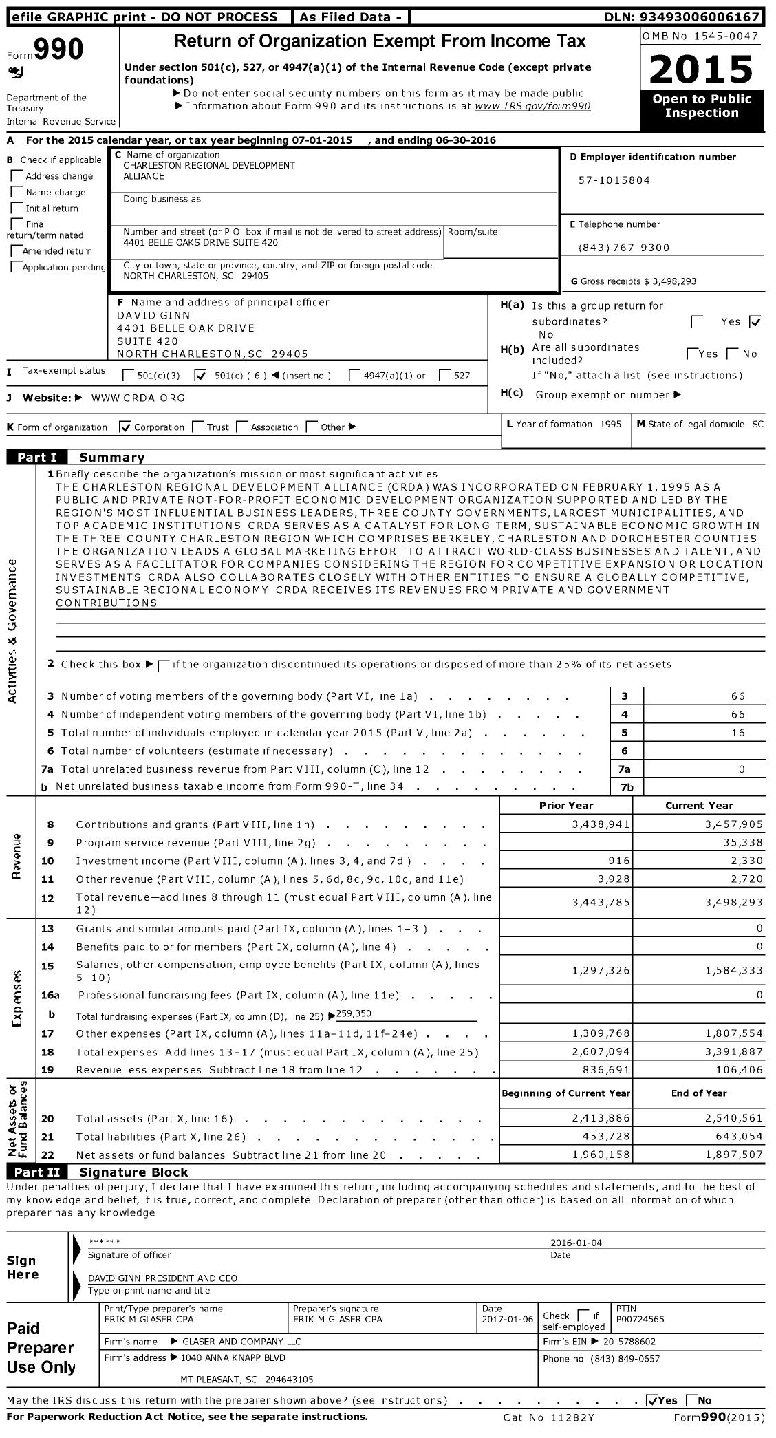 Image of first page of 2015 Form 990O for Charleston Regional Development Alliance (CRDA)