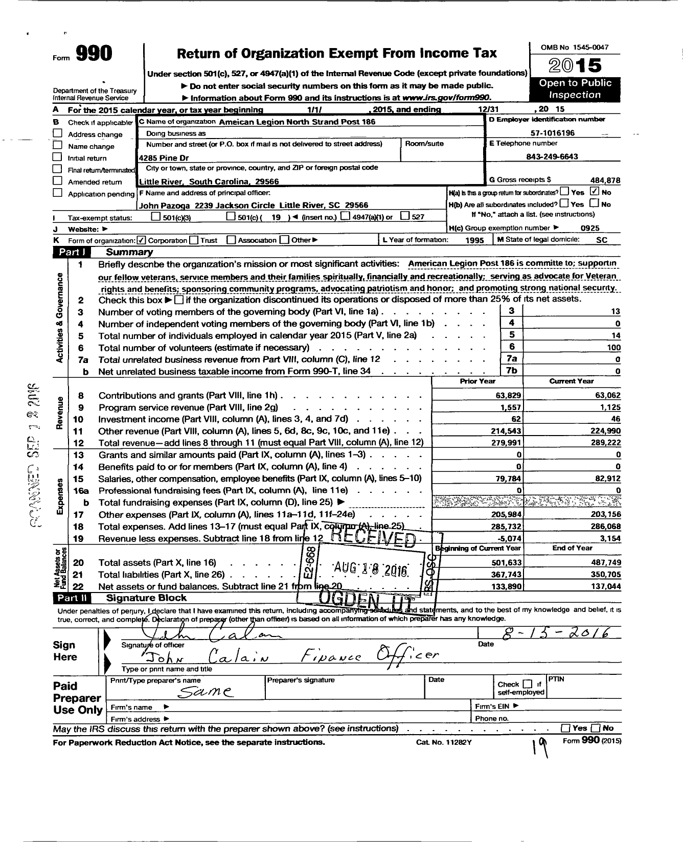 Image of first page of 2015 Form 990O for American Legion - 186 North Strand