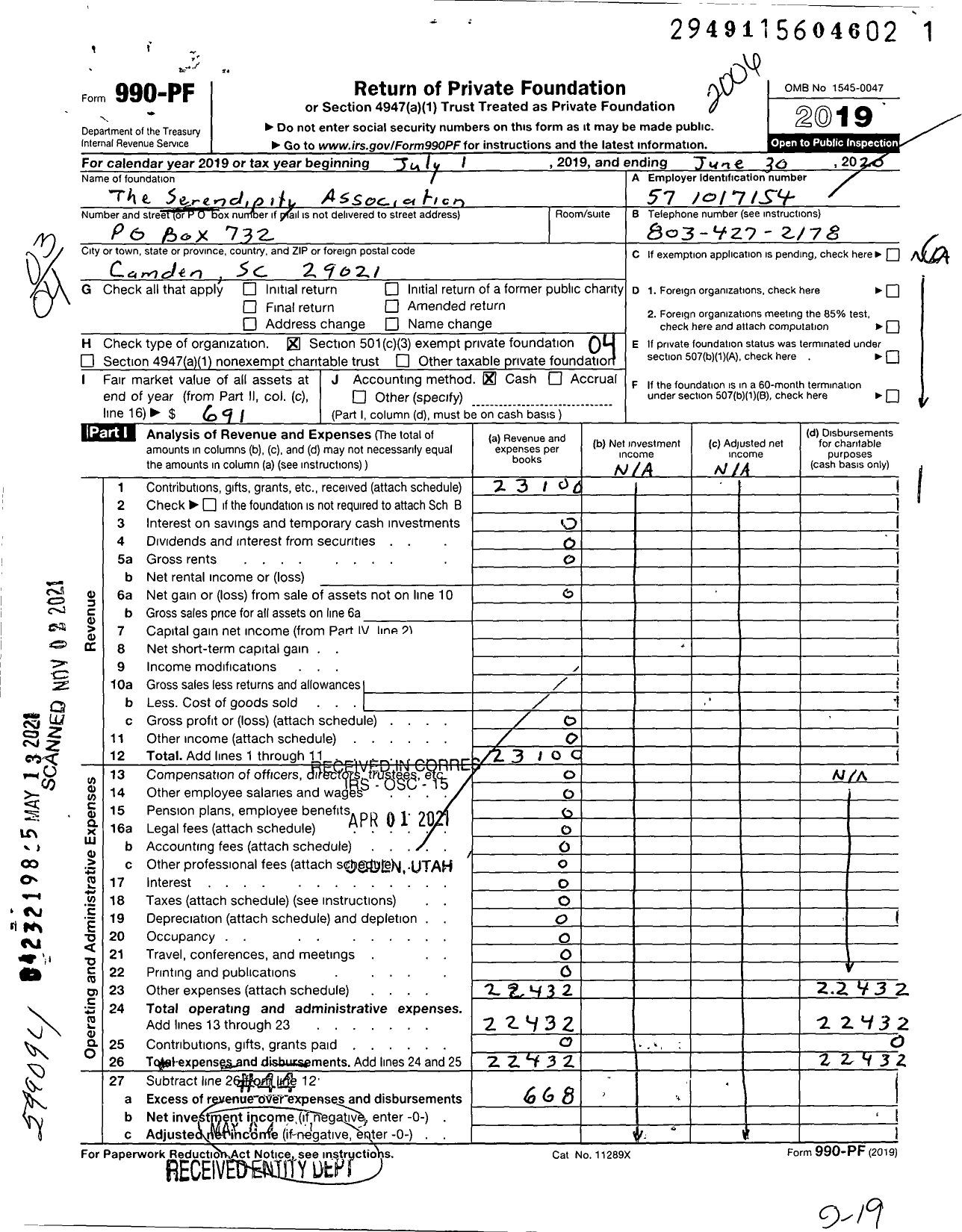 Image of first page of 2019 Form 990PF for The Serendipity Association