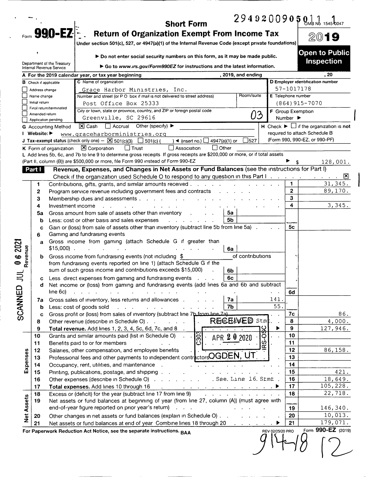 Image of first page of 2019 Form 990EZ for Grace Harbor Ministries