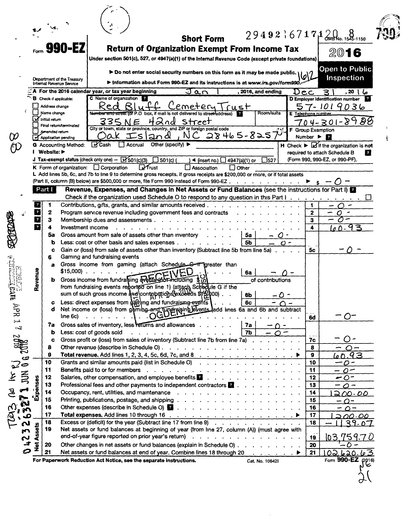 Image of first page of 2016 Form 990EO for Red Bluff Cemetery Trust