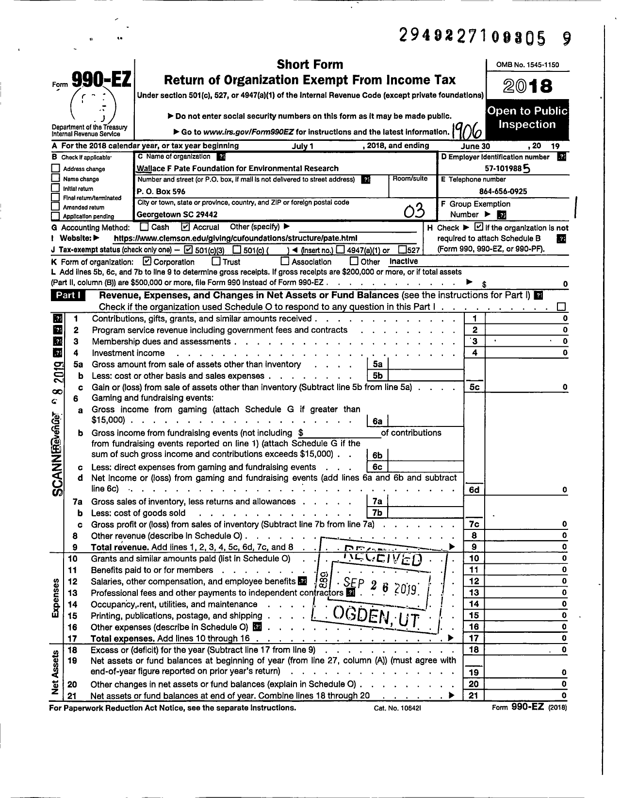 Image of first page of 2018 Form 990EZ for Wallace F Pate Foundation for Environmental Research and Education