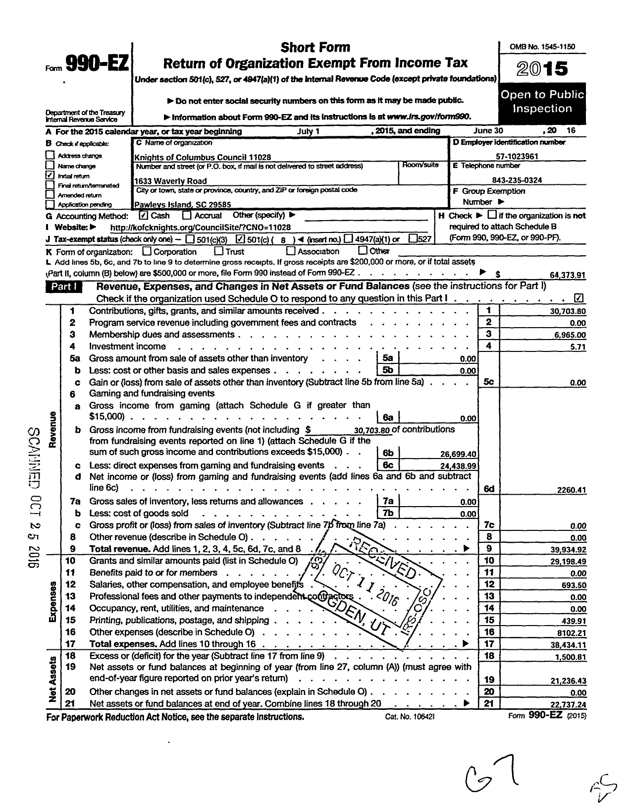 Image of first page of 2015 Form 990EO for KNIGHTS OF COLUMBUS - 11028 Precious Blood OF Christ CNCL