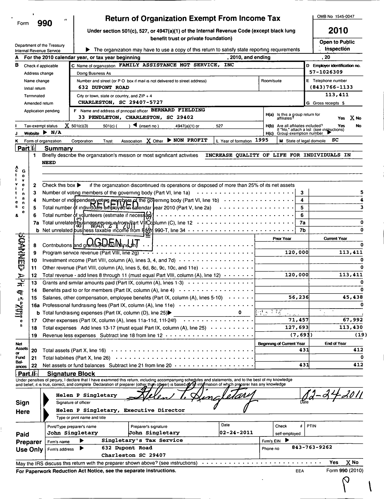 Image of first page of 2010 Form 990 for Family Assistance MGT Services