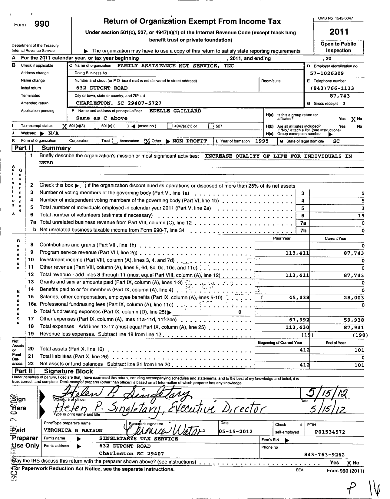 Image of first page of 2011 Form 990 for Family Assistance MGT Services