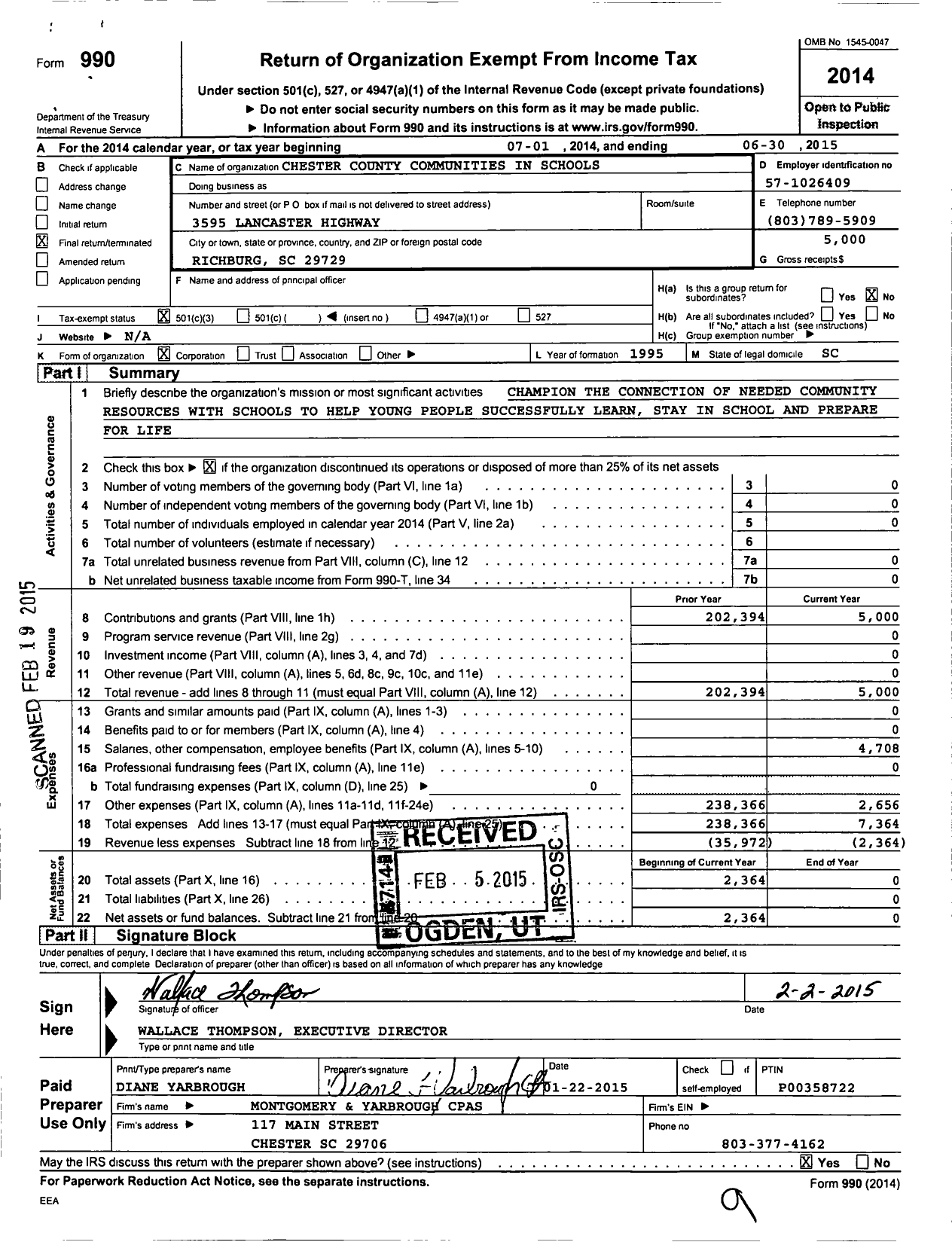 Image of first page of 2014 Form 990 for Chester County Communities in Schools