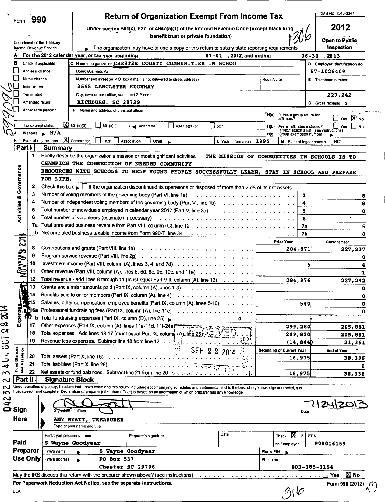 Image of first page of 2012 Form 990 for Chester County Communities in Schools