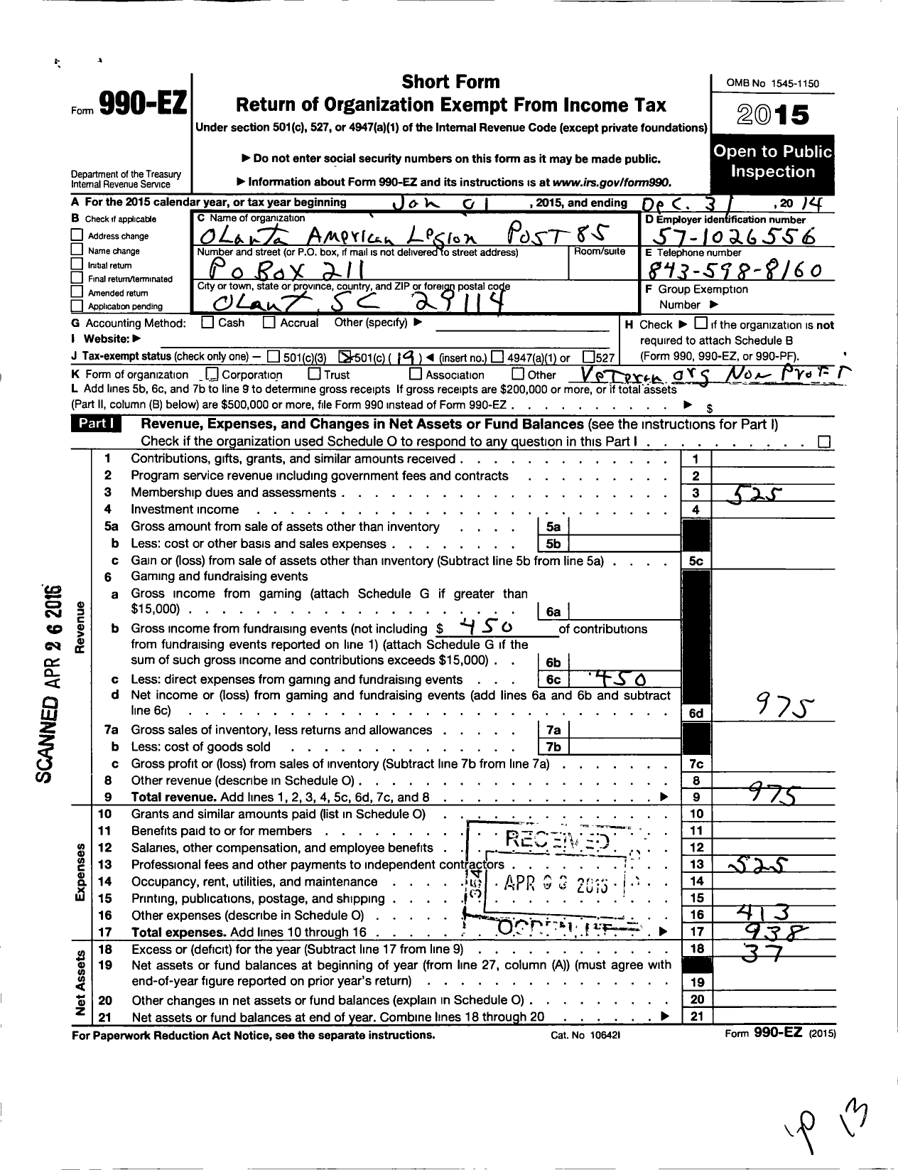 Image of first page of 2014 Form 990EO for Amercian Legion