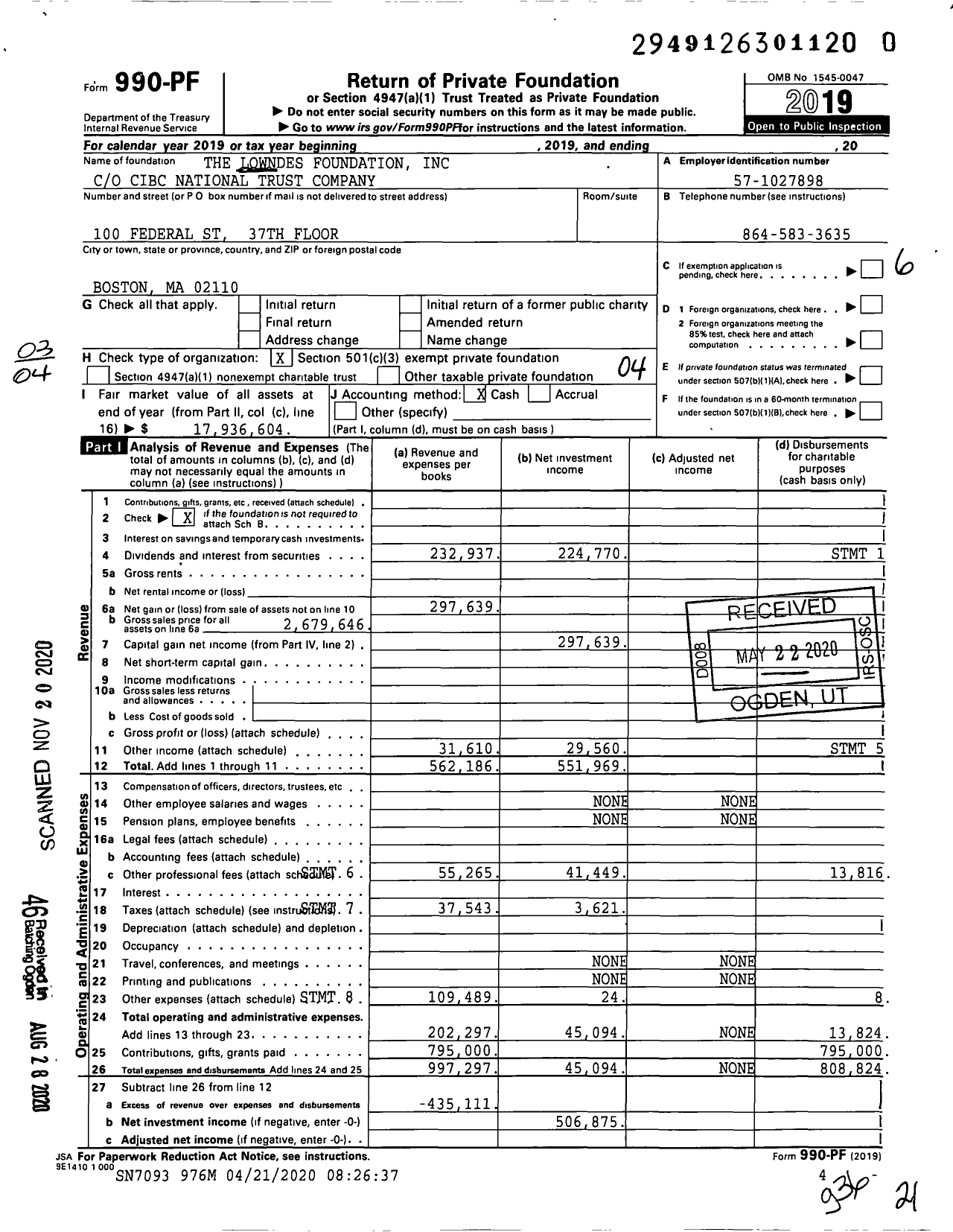 Image of first page of 2019 Form 990PF for The Lowndes Foundation