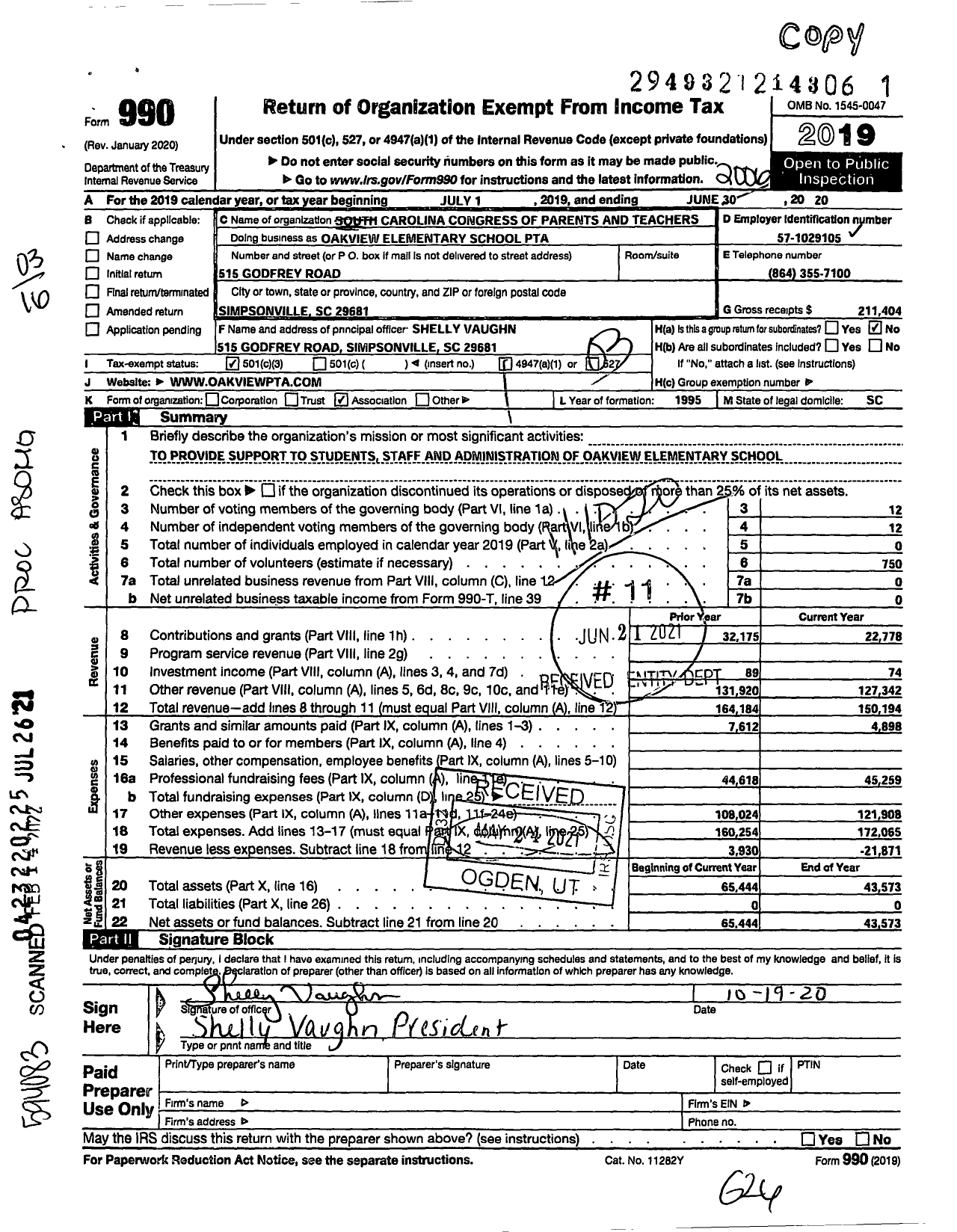 Image of first page of 2019 Form 990 for Oakview Elementary School PTA