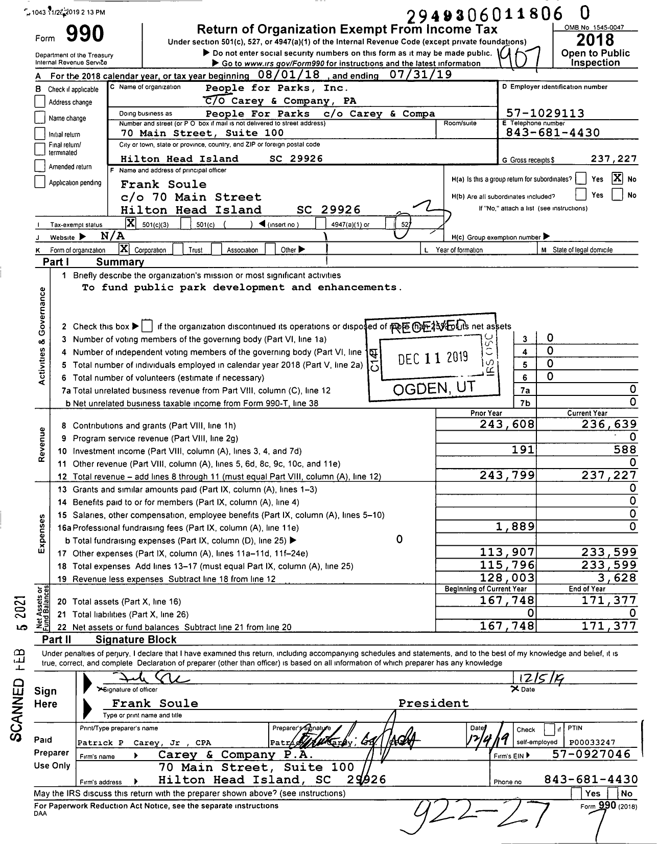 Image of first page of 2018 Form 990 for People for Parks Carey and Compa