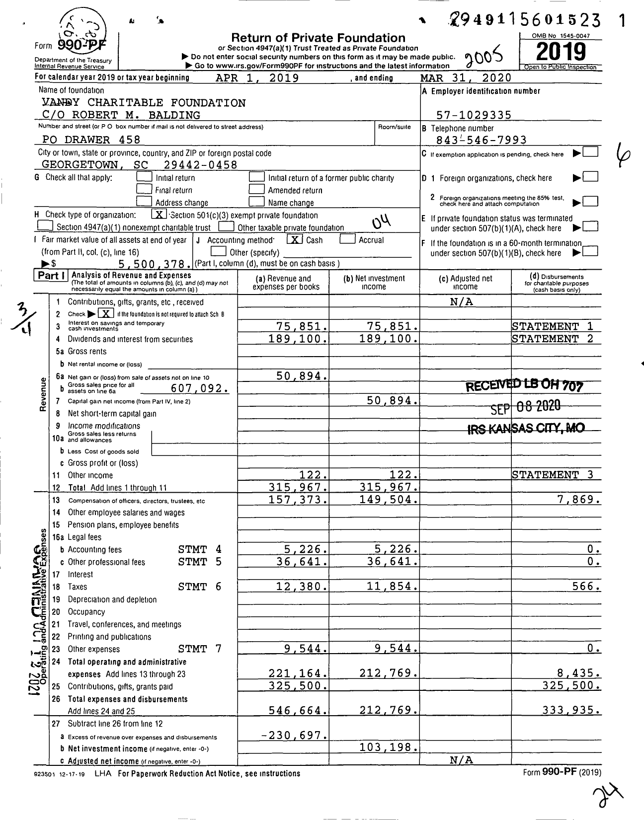 Image of first page of 2019 Form 990PF for Vandy Charitable Foundation