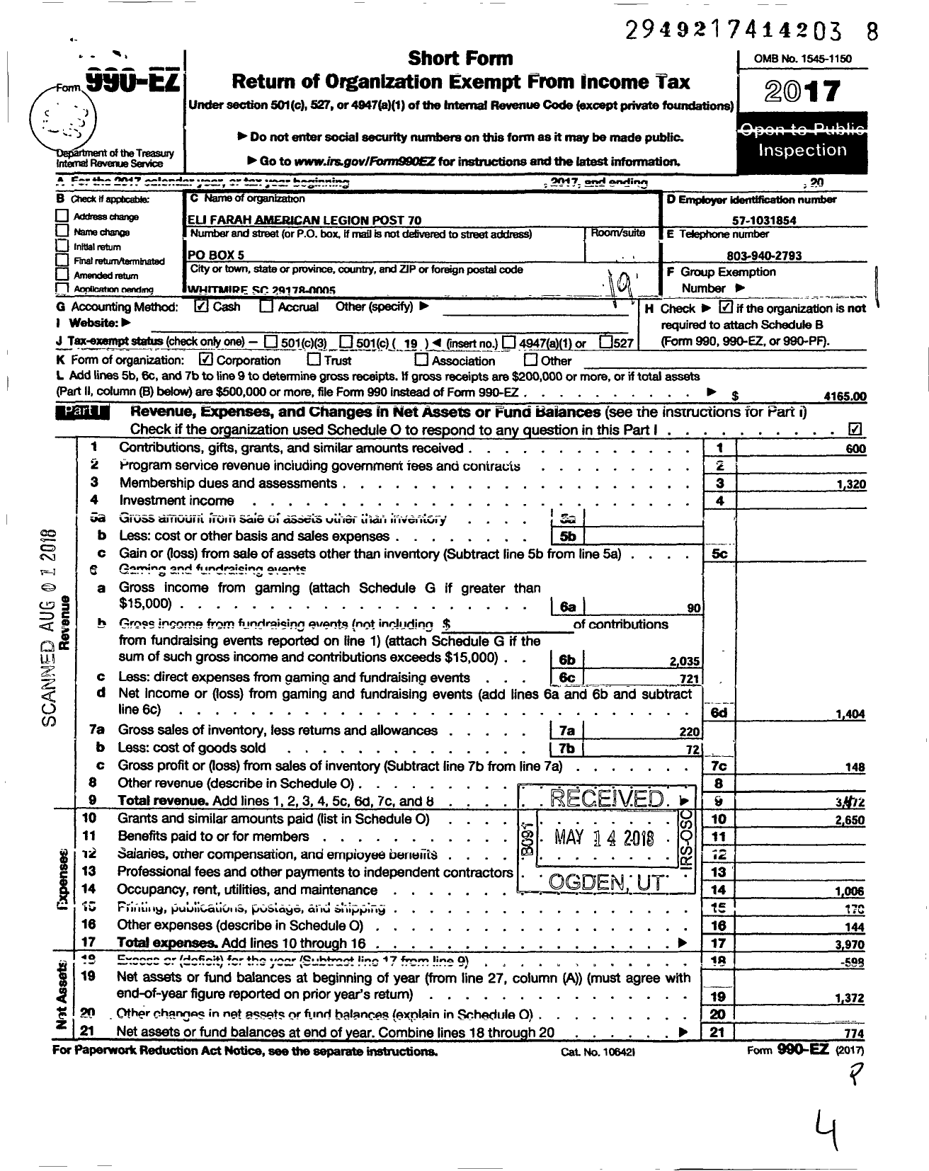 Image of first page of 2017 Form 990EO for American Legion - 70 Eli Farah