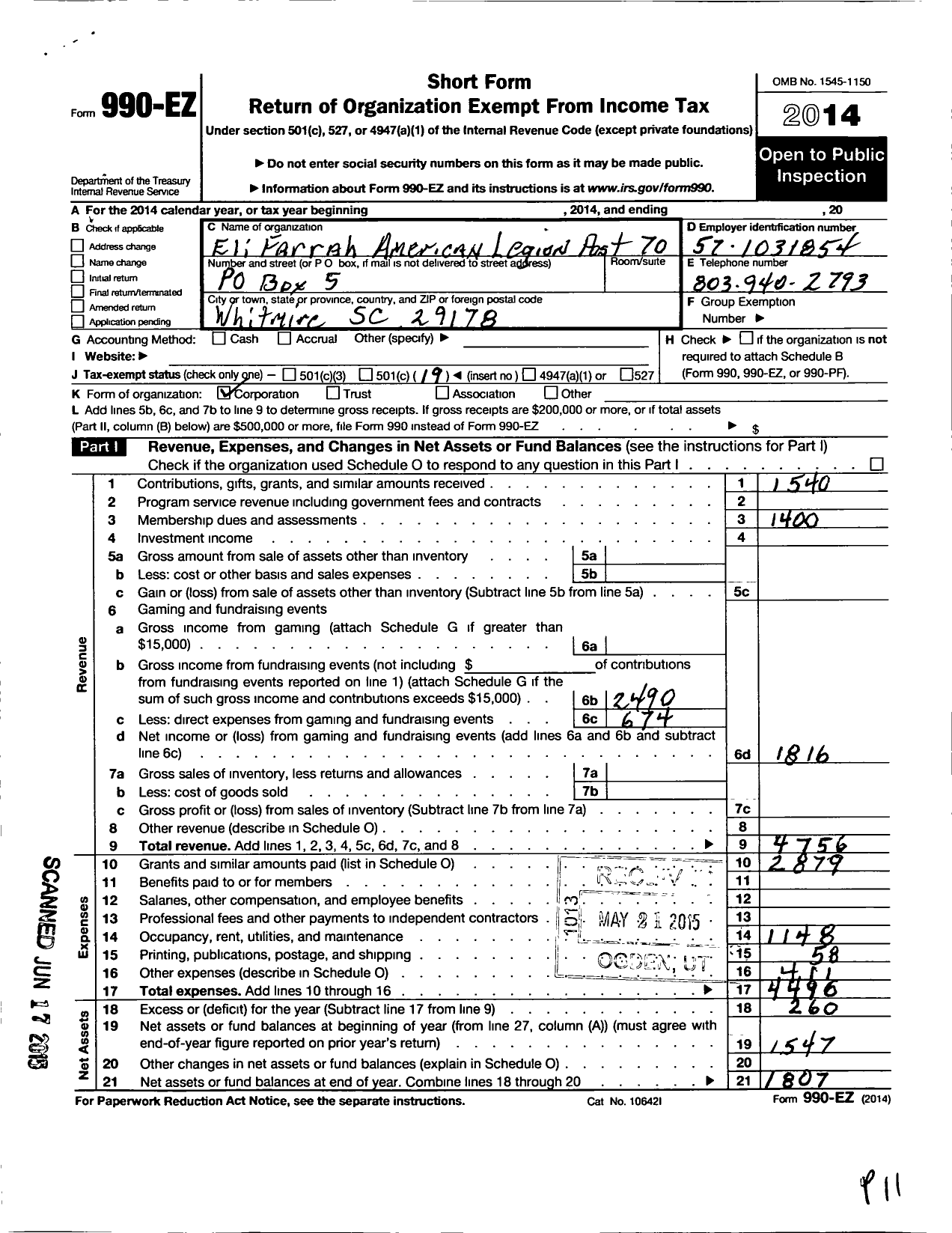 Image of first page of 2014 Form 990EO for American Legion - 70 Eli Farah