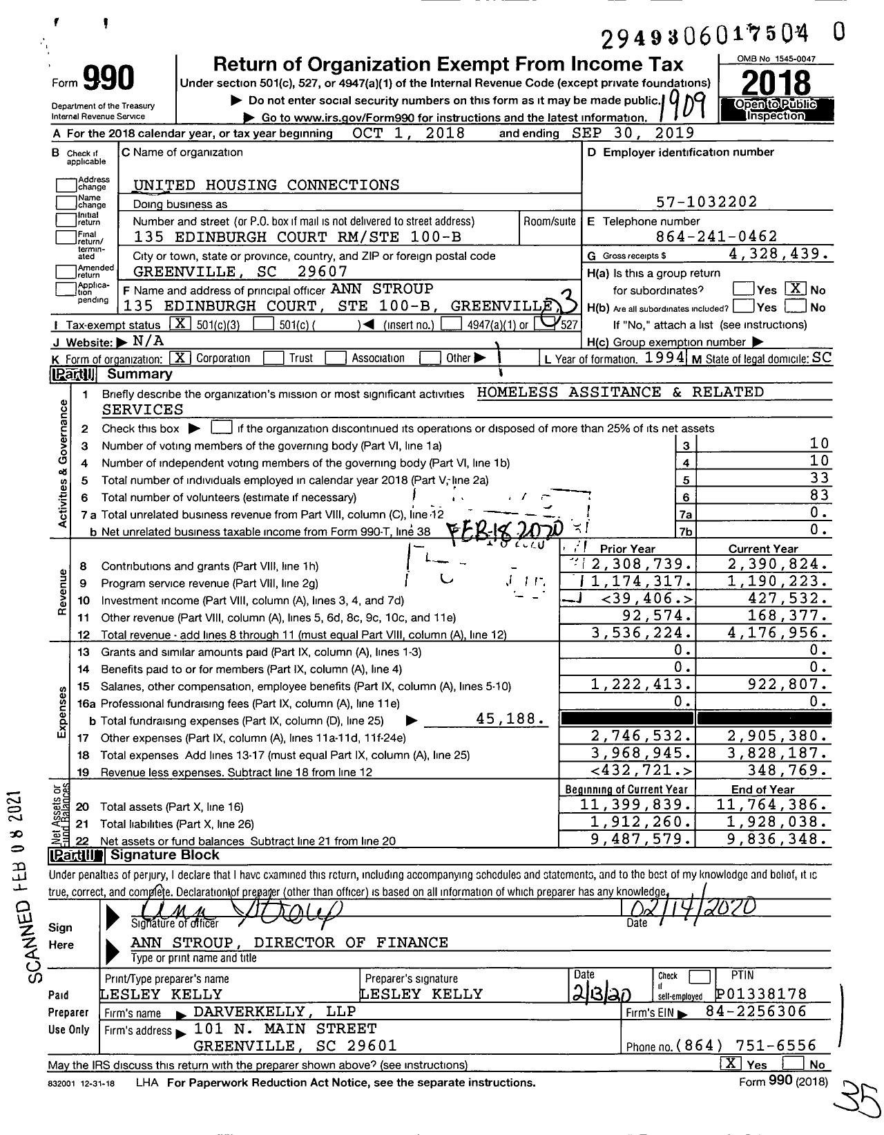 Image of first page of 2018 Form 990 for United Housing Connections