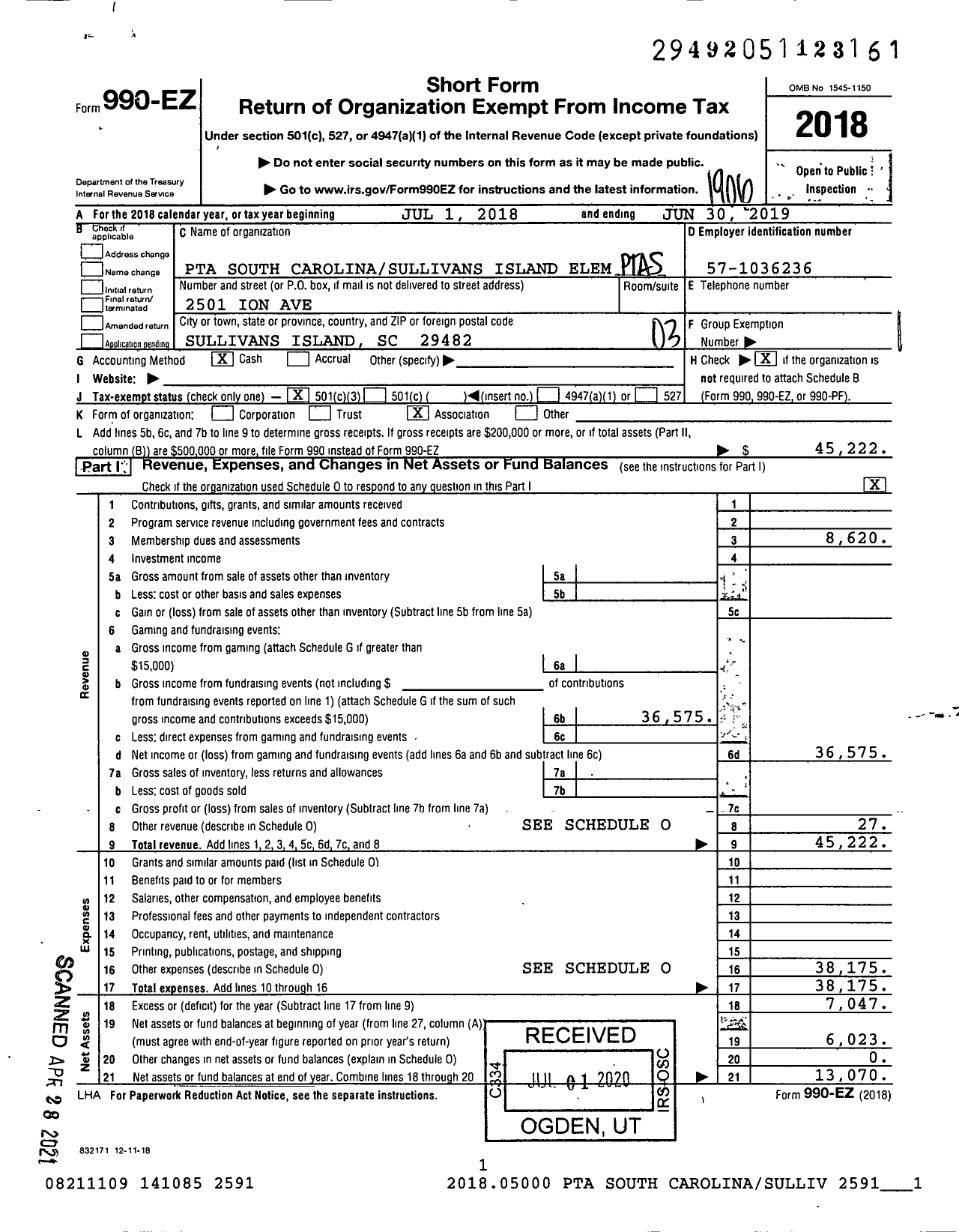 Image of first page of 2018 Form 990EZ for PTA South CarolinaSullivans Island Elem