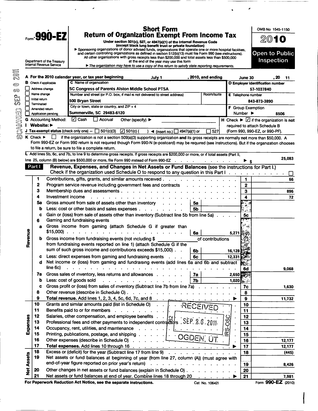 Image of first page of 2010 Form 990EO for South Carolina Congress of Parents and Teachers / Alston Middle School Ptsa