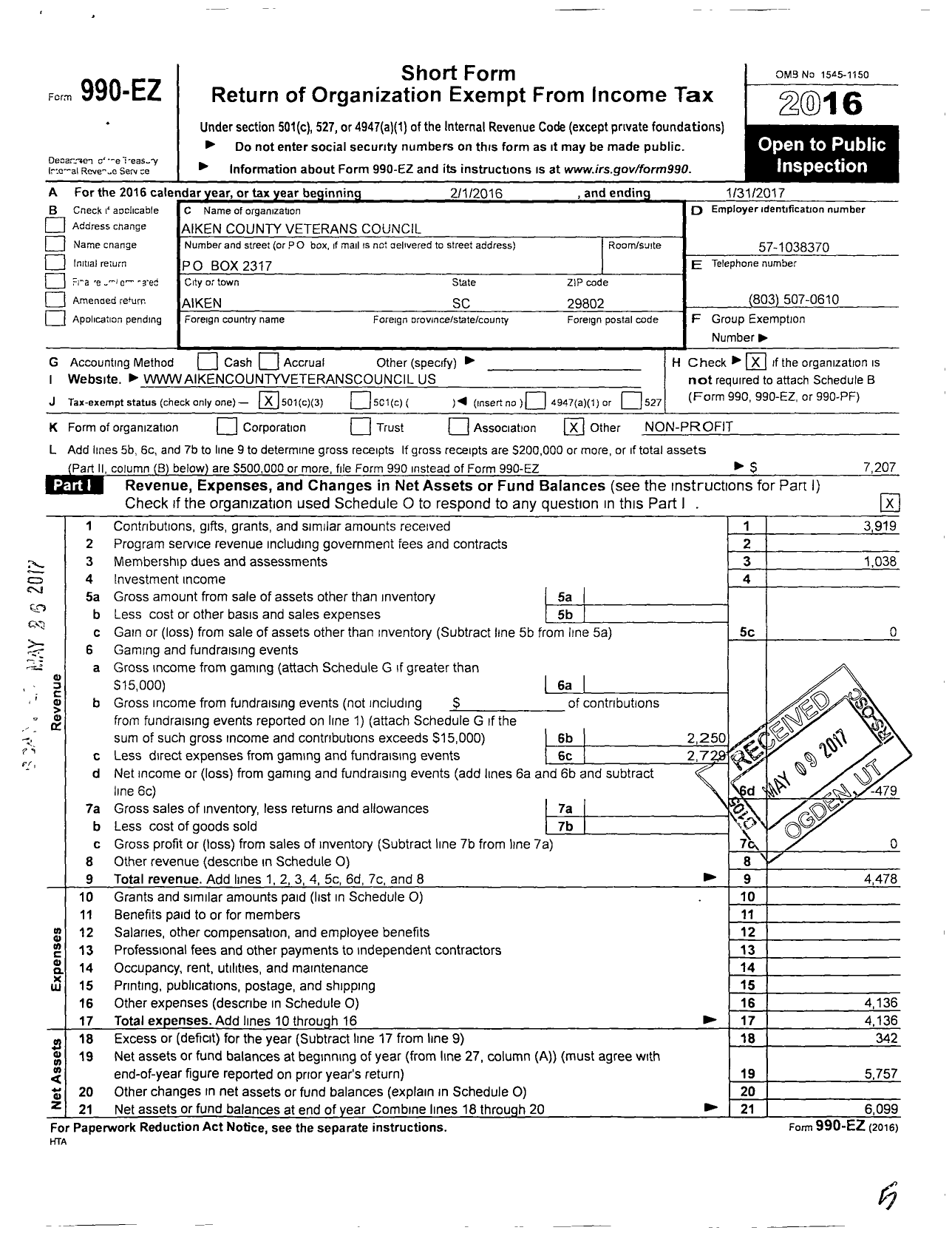 Image of first page of 2016 Form 990EZ for Aiken County Veterans Council