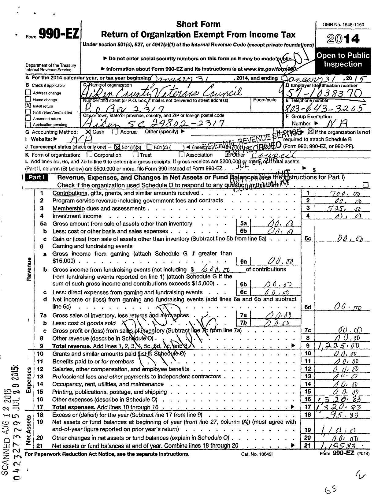 Image of first page of 2014 Form 990EZ for Aiken County Veterans Council