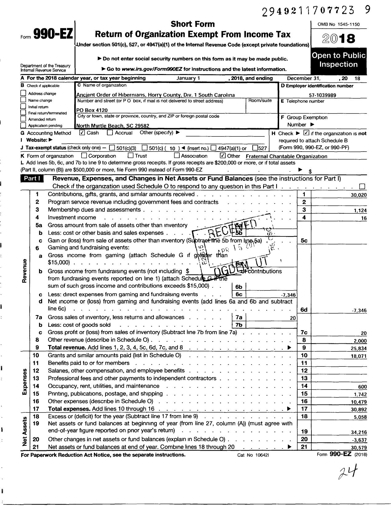 Image of first page of 2018 Form 990EO for Ancient Order of Hibernians Horry County