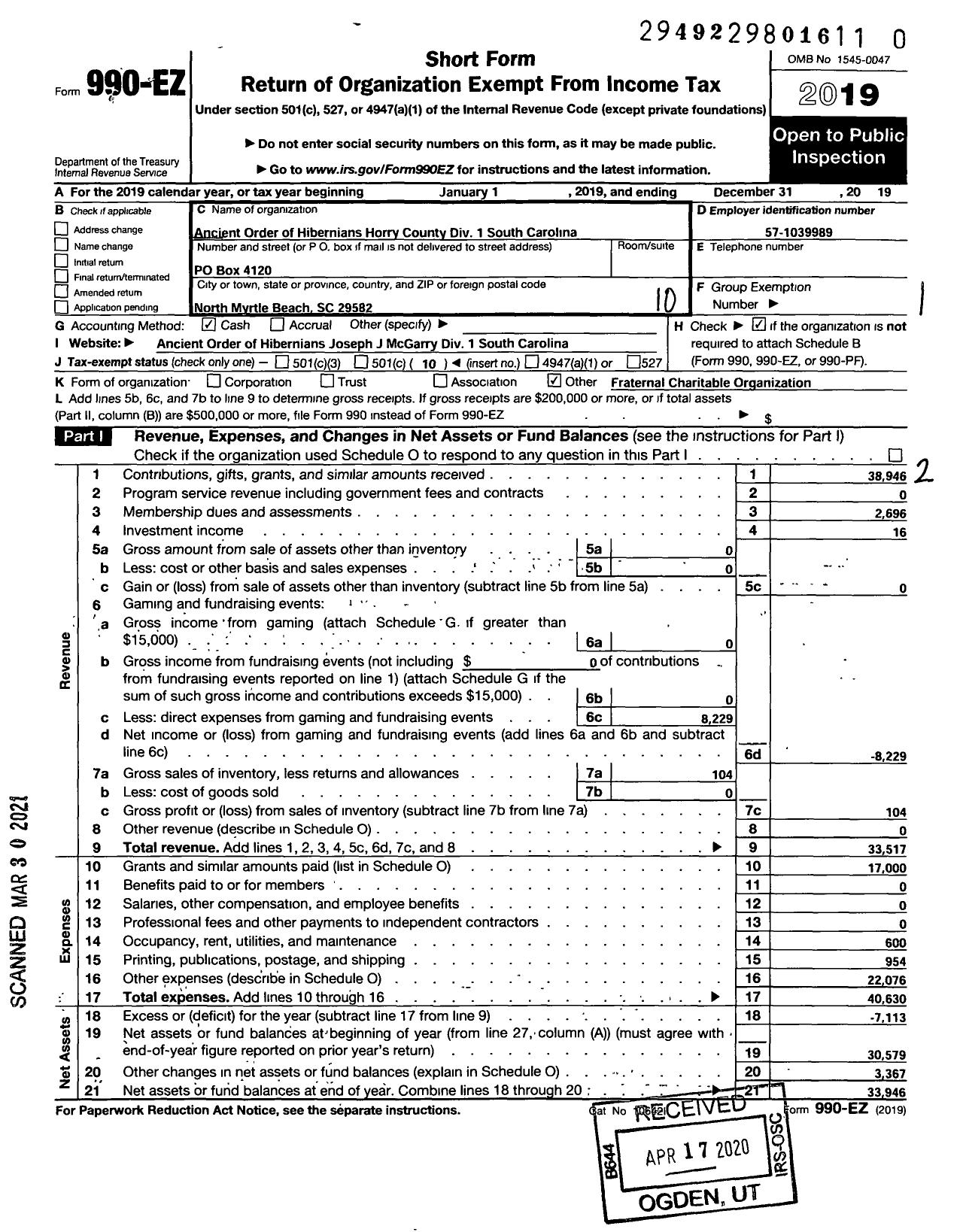 Image of first page of 2019 Form 990EO for Ancient Order of Hibernians Horry County