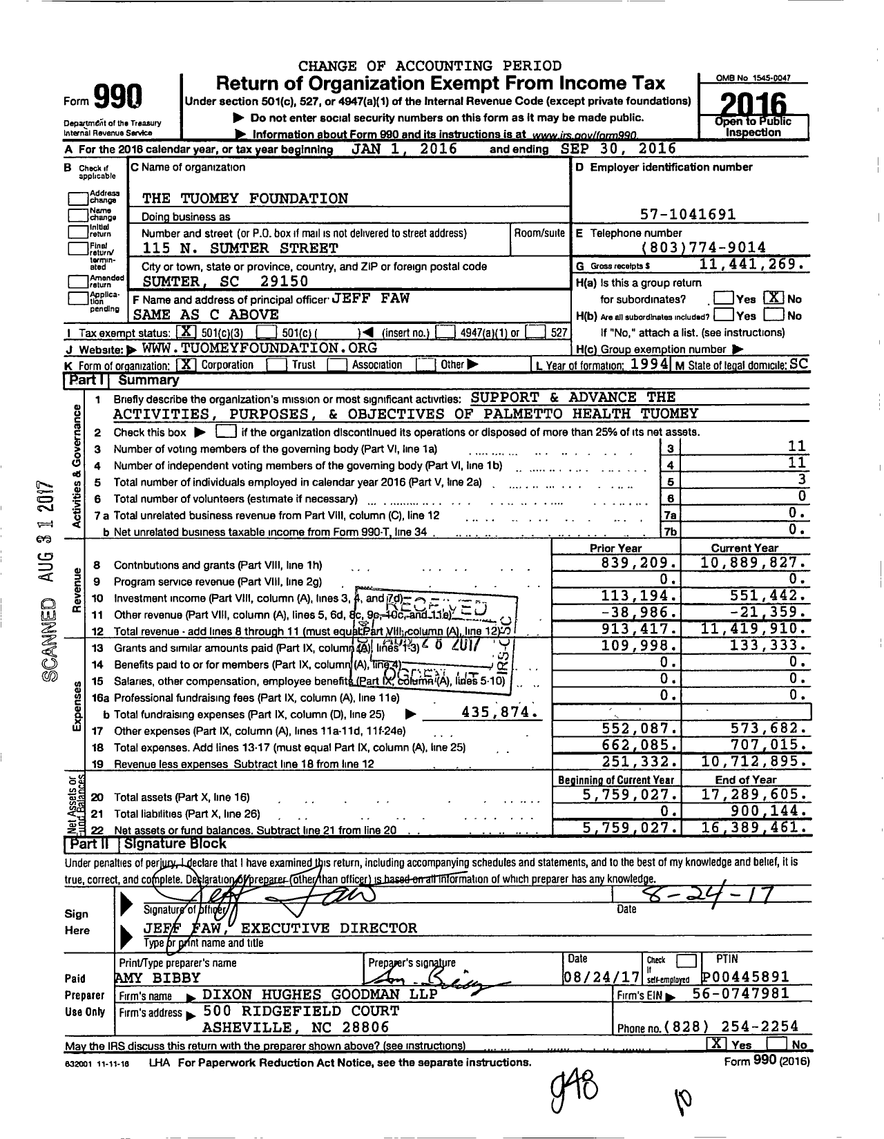 Image of first page of 2015 Form 990 for The Tuomey Foundation