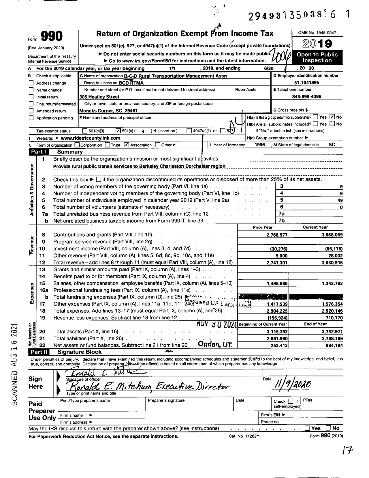 Image of first page of 2019 Form 990O for BCD Rural Transportation