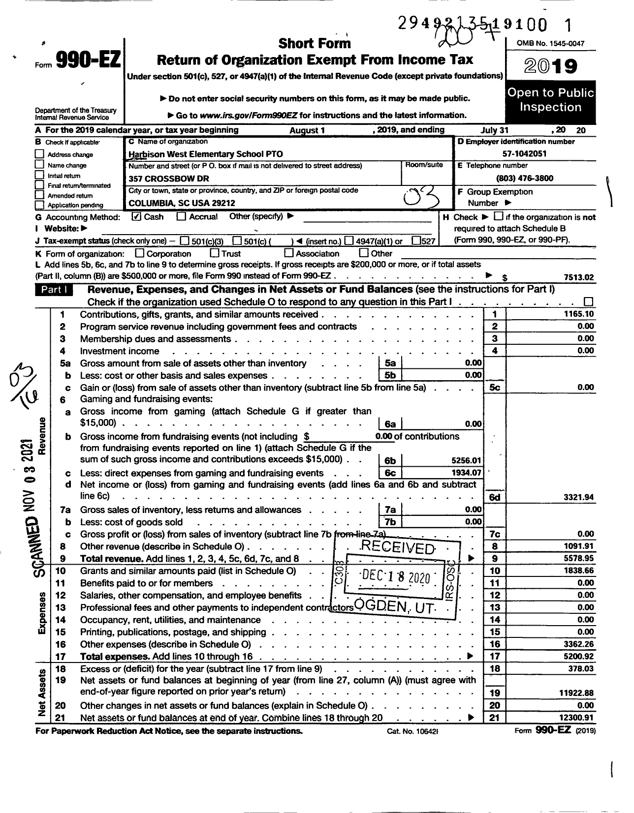 Image of first page of 2019 Form 990EZ for Harbison West Elementary PTO