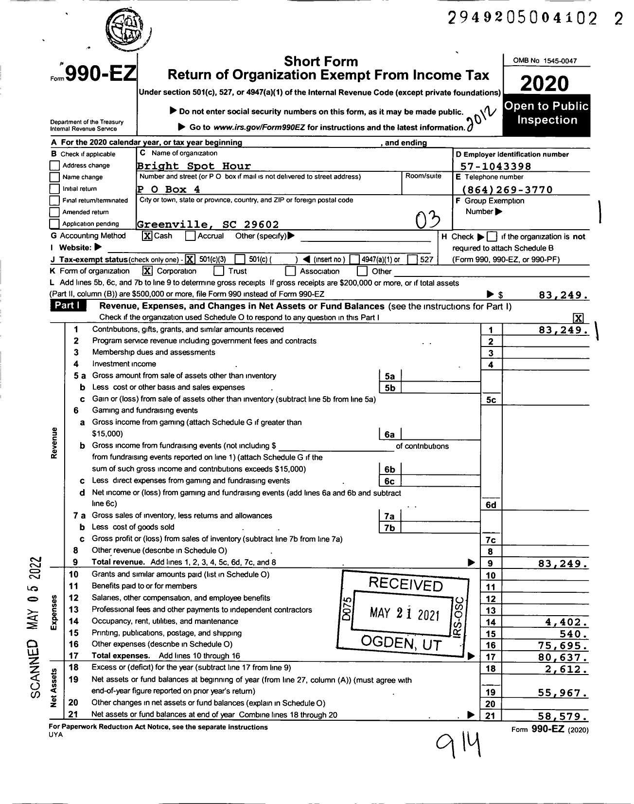 Image of first page of 2020 Form 990EZ for Bright Spot Hour