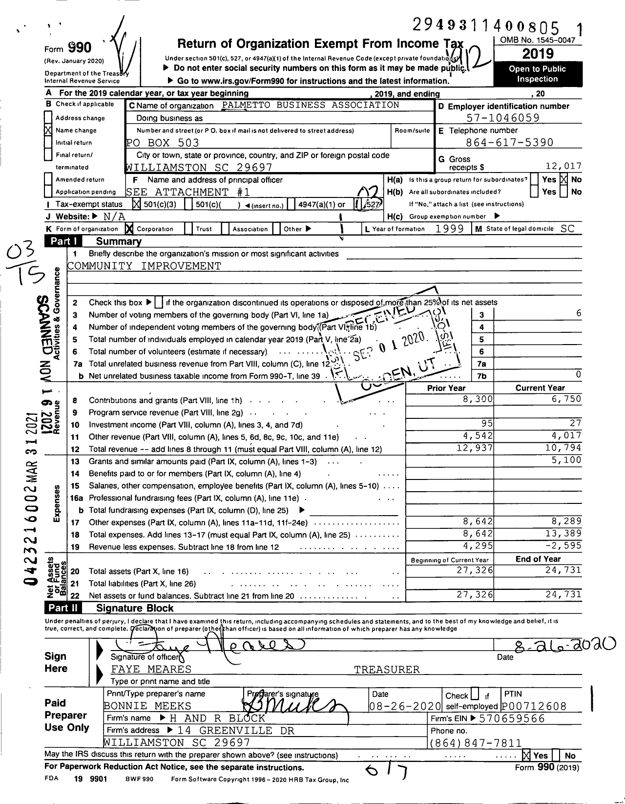 Image of first page of 2019 Form 990 for Palmetto Business Association