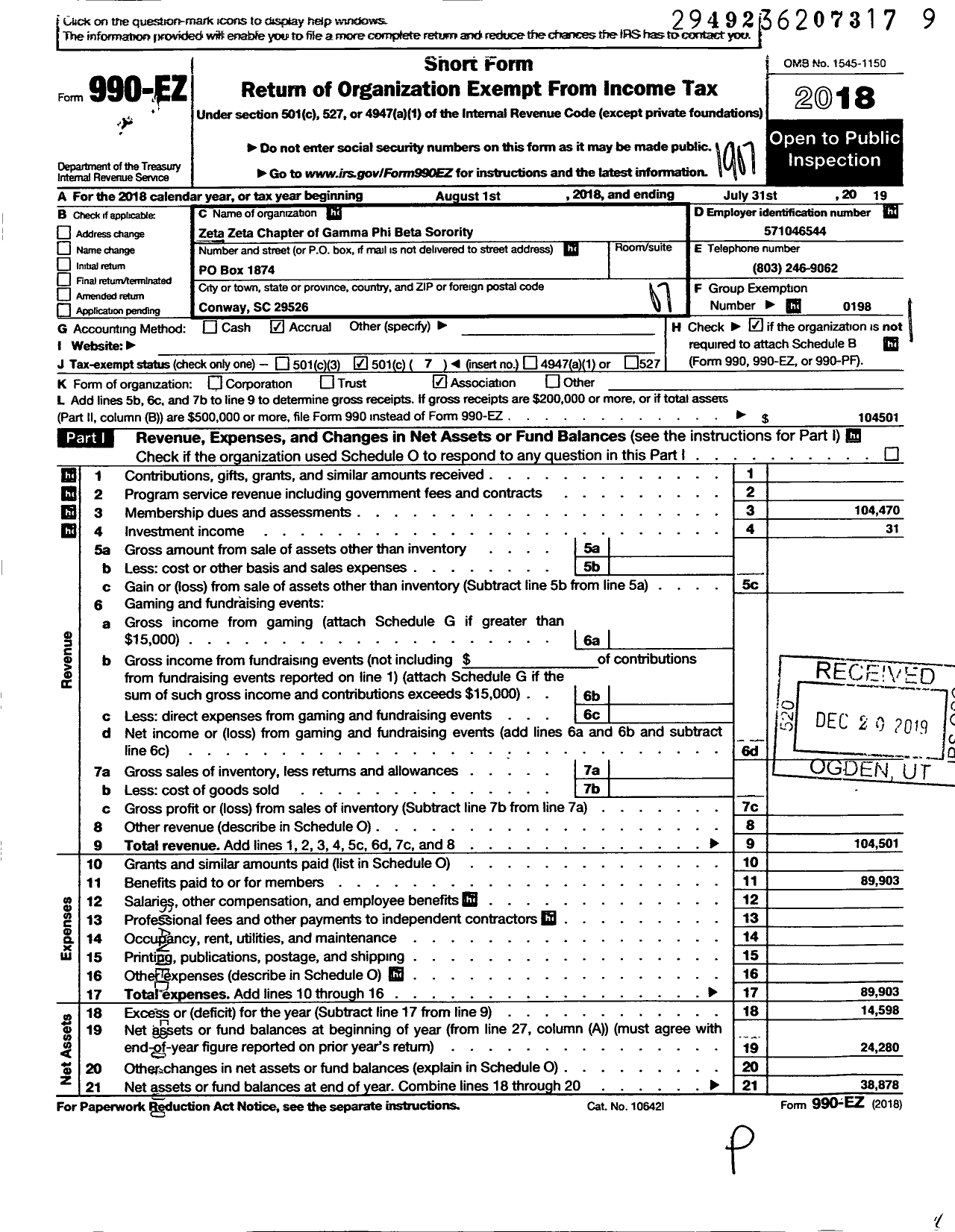 Image of first page of 2018 Form 990EO for Gamma Phi Beta Sorority - Zeta Zeta Chapter