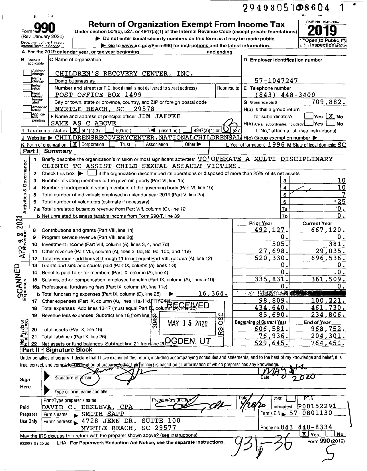 Image of first page of 2019 Form 990 for Children's Recovery Center