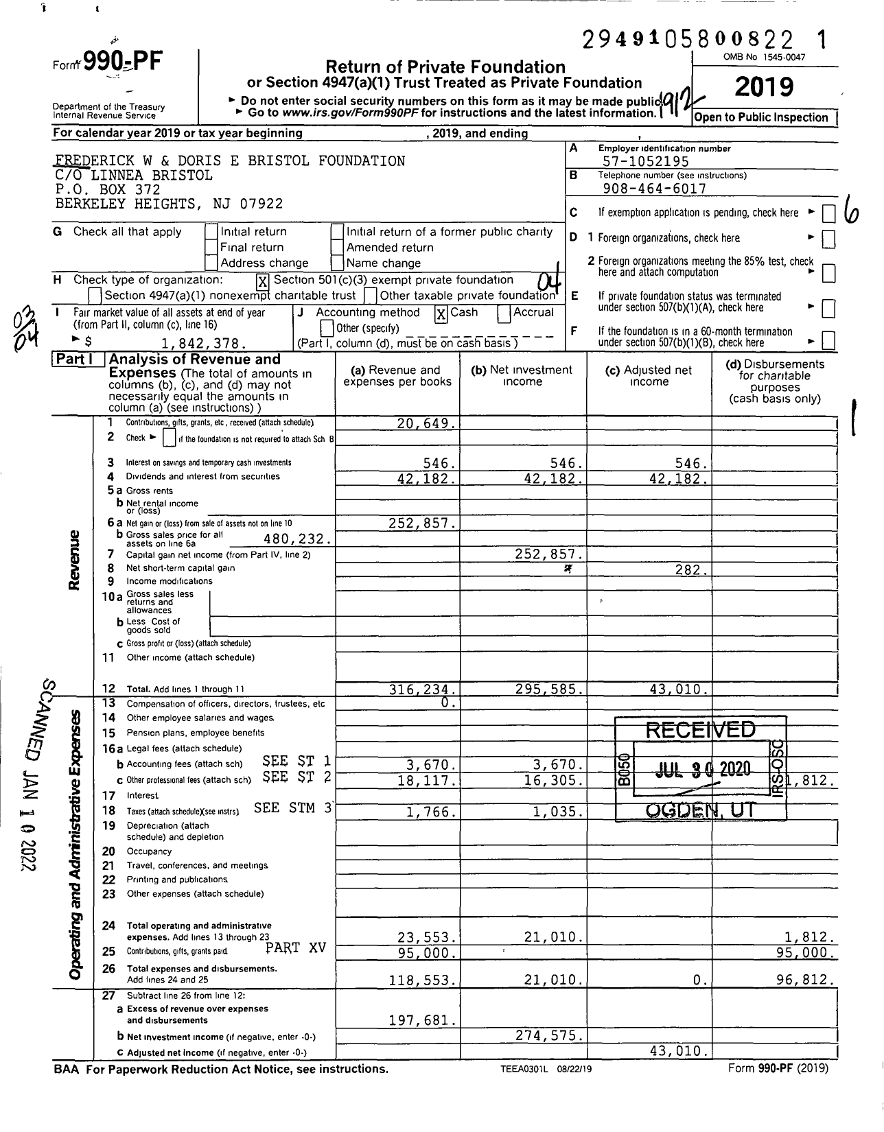 Image of first page of 2019 Form 990PF for Frederick W & Doris E Bristol Foundation