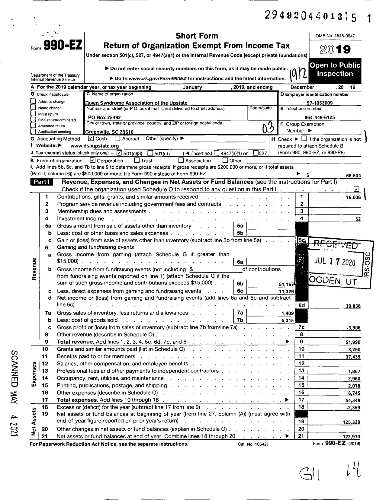 Image of first page of 2019 Form 990EZ for Down Syndrome Association of the Upstate