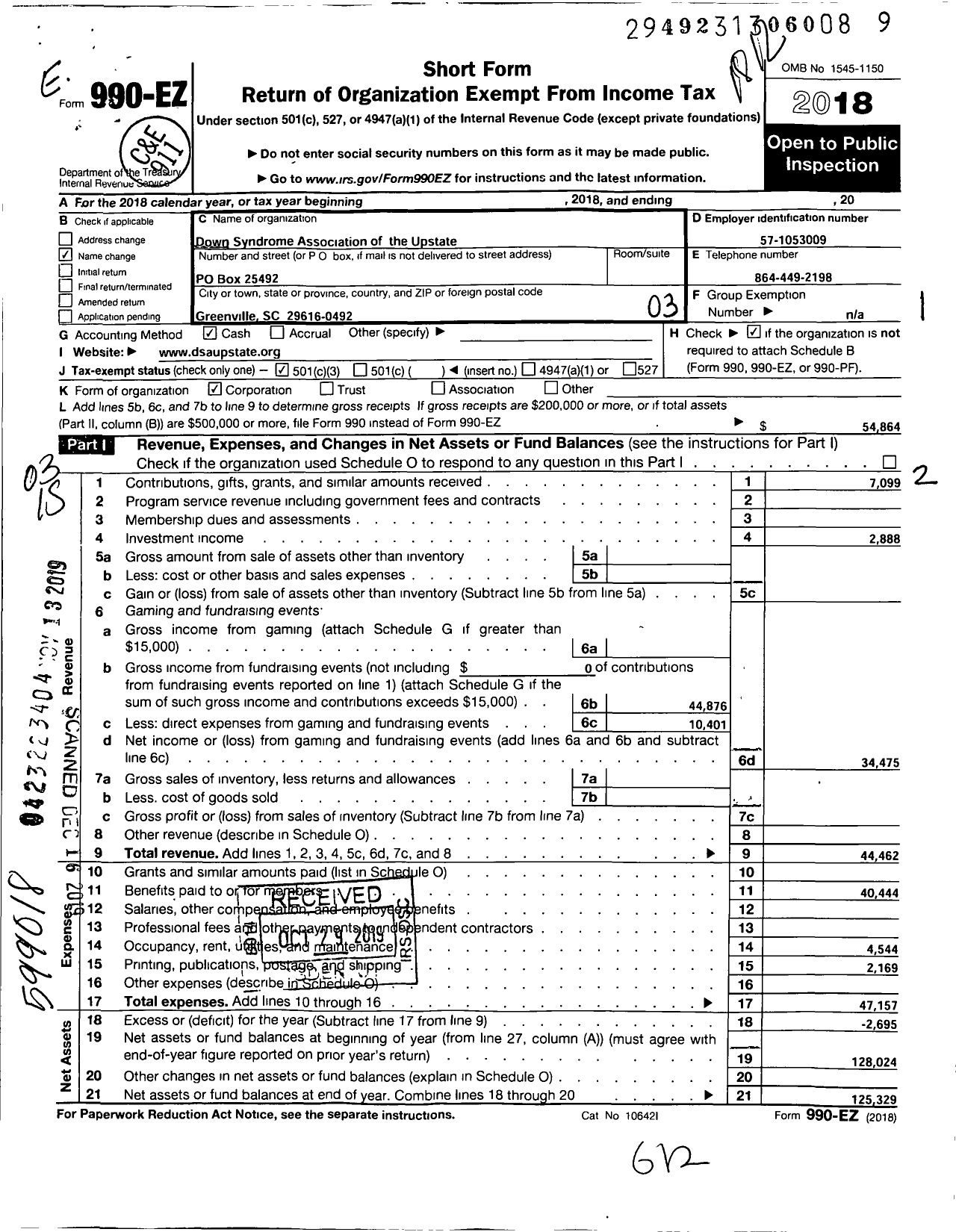 Image of first page of 2018 Form 990EZ for Down Syndrome Association of the Upstate