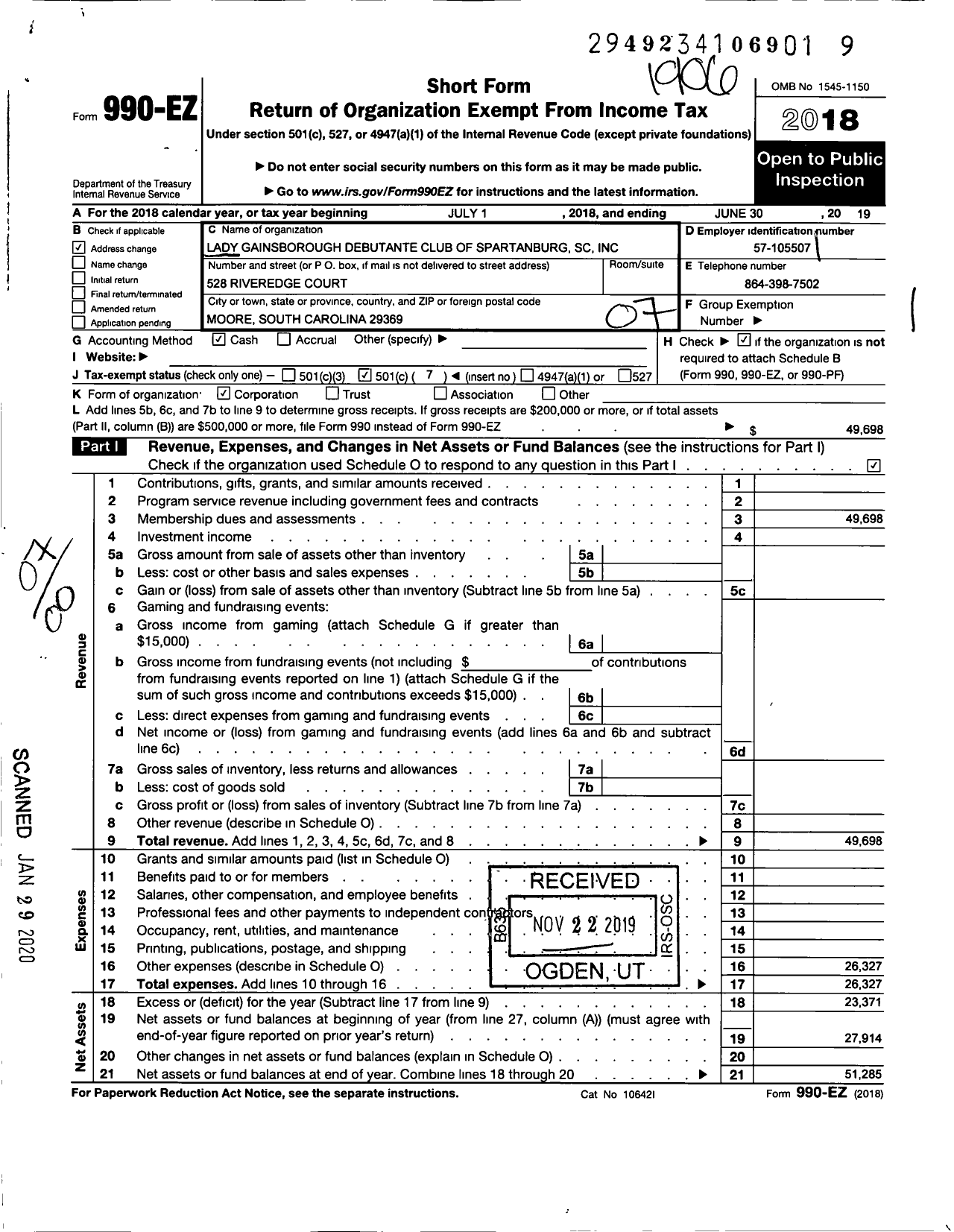 Image of first page of 2018 Form 990EO for Lady Gainsborough Debutante Club of Spartanburg SC