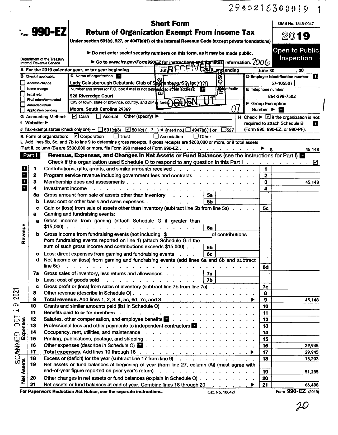 Image of first page of 2019 Form 990EO for Lady Gainsborough Debutante Club of Spartanburg SC